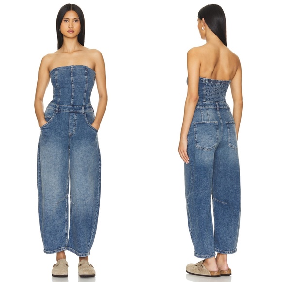 NEW FREE PEOPLE We The Free DENIM BLUE Je Suis Pret BARREL Pockets JUMPSUIT S - Picture 3 of 16